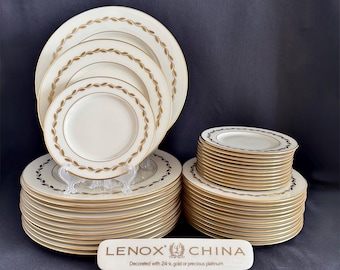Vintage Lenox Golden Wreath Bone China Plates: Set of 12 Dinner, Salad, Bread