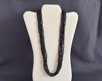 Black Seed Bead Multi Strand Necklace with Optional Wooden Pendant