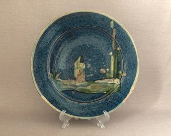 Hand Made FOLK ART PLATE Unique Original Rustic Mexican Pottery Blue & Earth Tone Night Scene Mexico Signed Collectible Gift for Him or Her