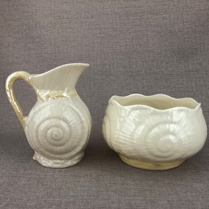 Belleek Parian China Creamer & Sugar Set: Nautilus Shell Design