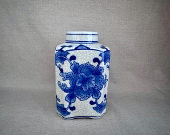 Blue and White Porcelain Vase, Cobalt Floral Octagonal Decor, Vintage Reproduction