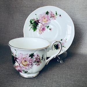 Footed China CUP & SAUCER Duchess English Bone China Pink Chrysanthemum Mid to Late 20th Century Tea Lovers Gift for Her Made in England