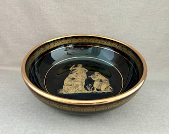 GREEK BOWL Hand Made 8"w Decorative Gloss Black Dish Decorated w Gold Mythology Scene & Geometric Border Home Decor Piece Gift fr Greece