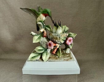 China BIRD FIGURINE Ruby Throated HUMMINGBIRD Feeding Baby Birds Andrea Import Pastel Colors Bird Lover Gift Home or Office Display Piece