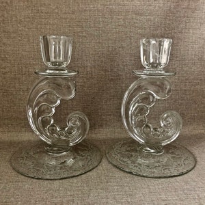 Pair FOSTORIA ROMANCE Mid Size Etched Glass Candle Holders Candleholders Candle Sticks  Mid Century American Glass Made in USA Gift for Her