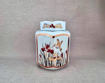 Japanese Ginger Jar with Hummingbird and Iris, Lidded Six Sided China Jar, Golden Brocade Home Accent