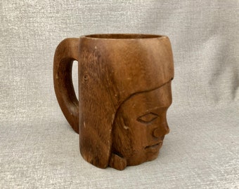 1970s Carved Monkey Pod Wood Face Mug: Philippine Islands Souvenir