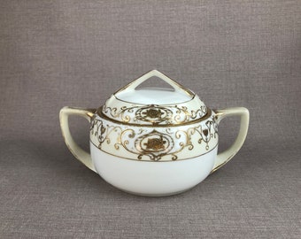 Antique Noritake Elegant Gold Encrusted Double Handled Lidded SUGAR bowl with TOP N 175 Christmas Ball Pattern Holiday Hostess Gift for Her