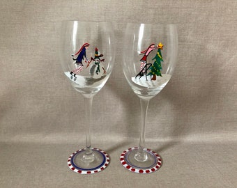 Pair HOLIDAY STEMWARE Wine Glasses,Hand Painted Snowman & Christmas Tree Scenes,Tall Vintage Barware, Couples Toasting Gift or Gift for Him