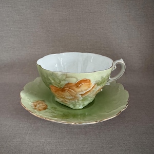 Antique CHINA Bavaria Germany Fluted CUP & Scalloped SAUCER Hand Painted  Green and Melon Floral w Foliage Royal Tettau Porcelain Nice Gift