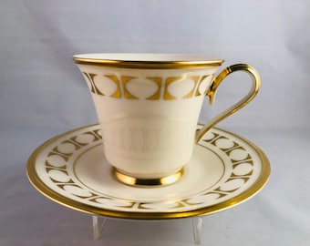 Lenox Tempo Footed Tea Cup and Saucer, Ivory Bone China with Gold Trim, Mid Century Style, Collector or Tea Lover Gift for Her
