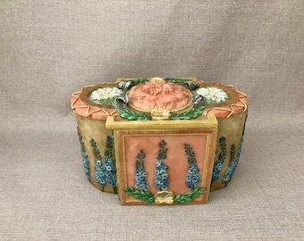 Jewelry Triniet Box with Floral and Classical Swags, Shell Details, Dresser or Vanity Storage Accent