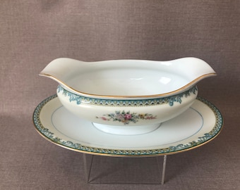 1930s NORITAKE Avon China GRAVY BOAT Serving Piece Morimura M Mark Japan Soft Blue & Mixed Spring Colors Couples Wedding Gift Collectible