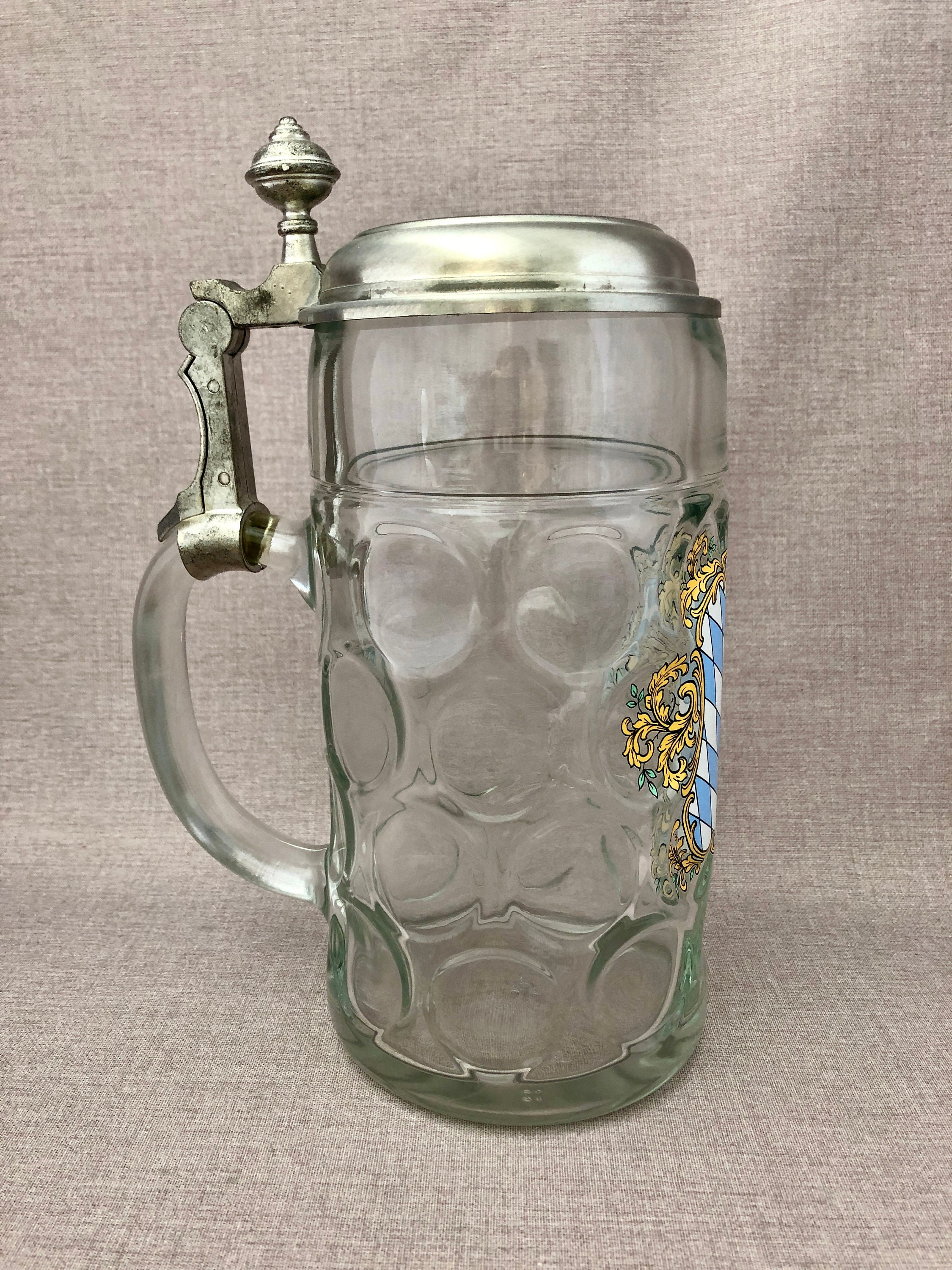 German BEER Tankard STEIN MUG Lidded Dimpled Thumb Print Glass Etsy