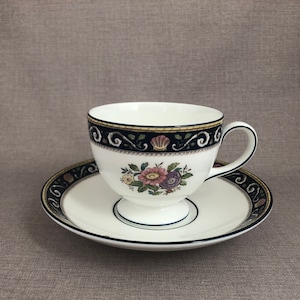 WEDGWOOD 4472 Runnymede TEA CUP & Saucer Footed English Bone China  Floral Medallion Cup Made in England Blue Floral Tea Lover Gift for Her