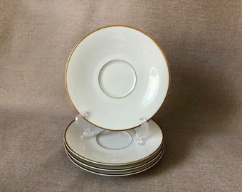 Set of 4 CHINA SAUCERS White with Gold Center and Edge Trim Bands SANGO Savoy 3724 6" Wide Versatile Replacements w Cups or as Snack Plates