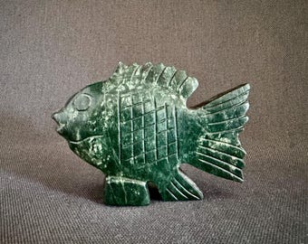 Small Carved Green Stone Fish: 3 7/8" long Serpentine "New Jade" Free Standing Fish Sculpture