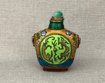 Collectible Old Chinese Brass CLOISONNE Enamel SNUFF BOTTLE made in China Dimensional Embossed Gilded Animal Figures Flowers Collector Gift