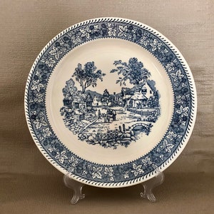 Vintage BLUE and WHITE Round PLATTER Pottery Chop Plate Country Scene Transferware Thatched Roofs Serving Piece Buffet Tray Couples Gift