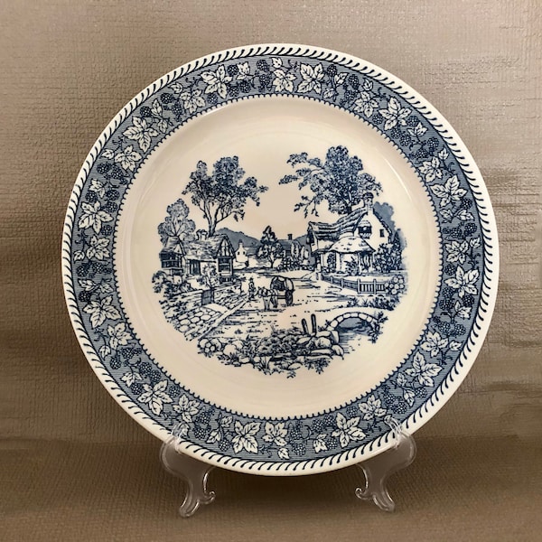 Vintage BLUE and WHITE Round PLATTER Pottery Chop Plate Country Scene Transferware Thatched Roofs Serving Piece Buffet Tray Couples Gift