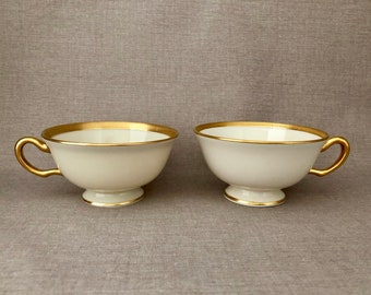 Pair of Lenox Tuxedo Tea Cups, Gold-Encrusted Ivory China, Made in USA