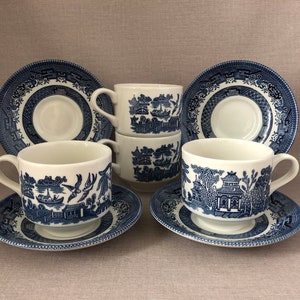 Churchill Blue Willow Cups and Saucers Set: English Stoneware