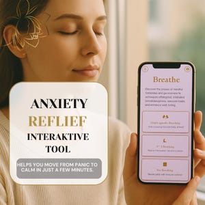 Könnte beinhalten: Eine Person hält ein Smartphone mit dem Wort „Breathe“ und Informationen zum achtsamen Atmen. Das Telefon hat ein goldenes Gehäuse. Eine Grafik links zeigt „ANXIETY RELIEF INTERACTIVE TOOL“ und „HILFT IHNEN, IN WENIGEN MINUTEN VON PANIK ZU RUHE ZU GELANGEN“.