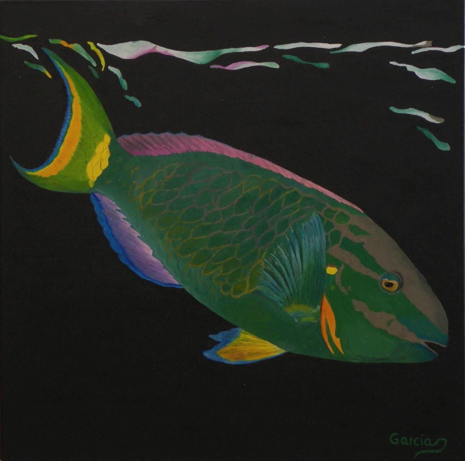 Parrot Fish Oil Painting, Parrot Fish on Black Background, Original Oil Painting, Fish Reflections - Parrot Fish (20" x 20")