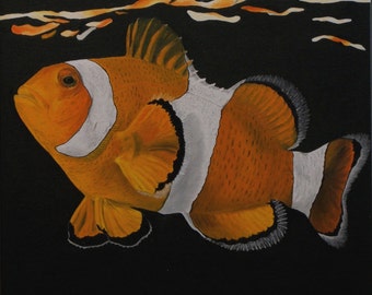 Clown Fish Oil Painting, Fish Painting, Original Oil Painting, Black Background, Water Reflections (20" x 20")