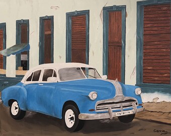Cuba Oil Painting, Cuba, Havana, Vintage Car, Facade, Original Oil Painting - "Vintage Cuba, Havana" (16" x 20")