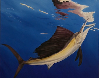 Sailfish Oil Painting, Fish Painting, Original Oil Painting, Water reflections (20&quot; x 20&quot;)