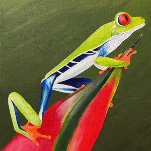 Frog, Oil Painting, Frogs, Red Eyed Tree Frog, Original Oil Painting - &quot;Miguel Posing&quot; (12&quot; x 16&quot;)