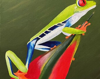 Frog, Oil Painting, Frogs, Red Eyed Tree Frog, Original Oil Painting - &quot;Miguel Posing&quot; (12&quot; x 16&quot;)