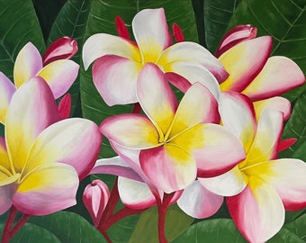 May include: A painting of pink and white plumeria flowers with yellow centers. The flowers are arranged in a cluster and are surrounded by green leaves.