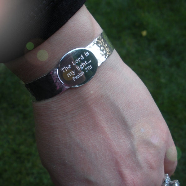 Cuff Bracelet, Sterling Silver, Scripture Bracelet, The Lord is my light..., Hammered Cuff, Engraved