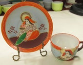 Moriage Satsuma Japanese Fine Porcelain Cup and Saucer Set Marked Japan Unique Color
