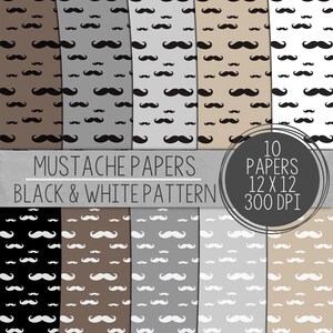 Mustache Digital Paper, Paper Pack, Digital Scrapbooking, Mustache Designs, Digital Mustache, Printable Paper, Digital Collage