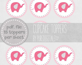 Haut de Cupcake éléphant, Cupcake Topper, décoration de Cupcake, décoration de gâteau, impression de douche de bébé, téléchargement immédiat, éléphants roses,