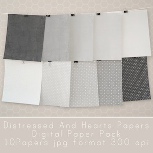 Grey Hearts Paper, Digital Distressed Paper, Grey Digital Paper Pack, Printable Paper, Scrapbooking Papers, Hearts Digital Paper