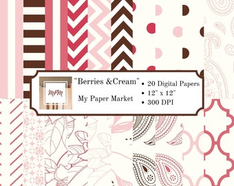 Digital 20 Paper Pack Instant Download, Pink, Red, Brown, Chevron, Stripes, Florals, Patterns for Scrapbooking, Backgrounds