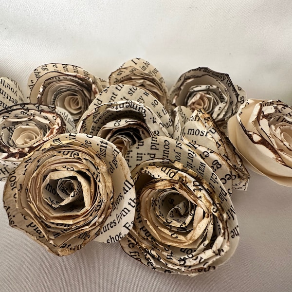 Vintage Book Page Rolled Roses Flowers 12 pack, Junk Journal, Altered Art, Scrapbooking, Crafting