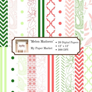 Digital 20 Paper Pack Instant Download, Pink, Melon, Green, Chevron, Stripes, Florals, Patterns for Scrapbooking, Backgrounds