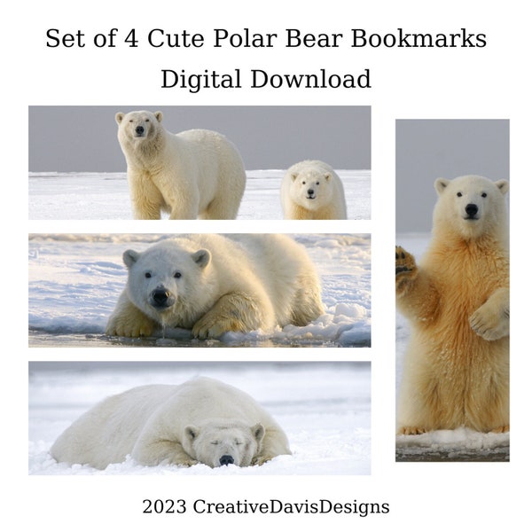 Bookmark, book, reading, polar, bear, cold, white, winter, digital, download, set of 4