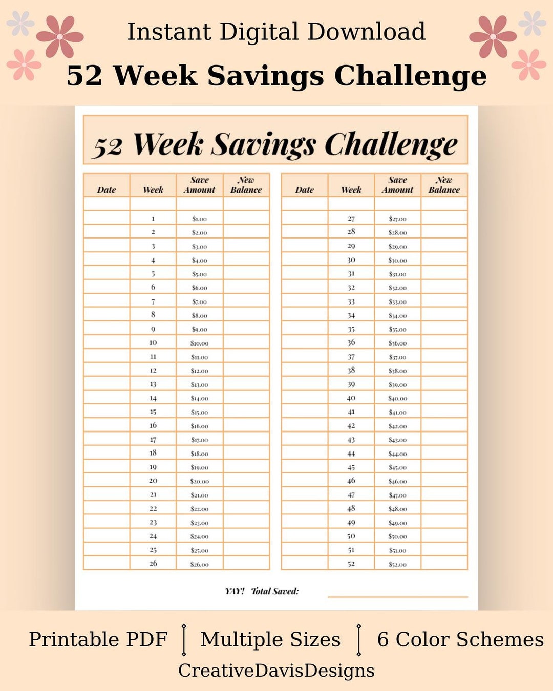 Finances - Savings, Challenge, 52 Week, Money, Tracker, Printable ...