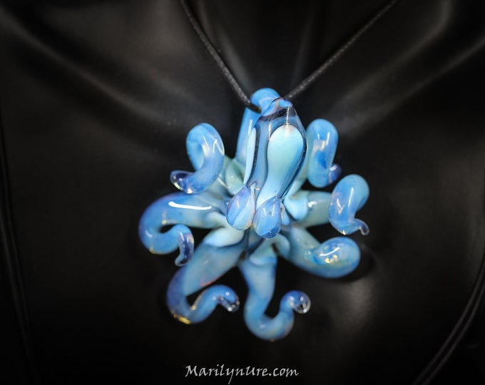 The Sunshine Blue Kraken Collectible Wearable  Boro Glass Octopus Necklace / Sculpture