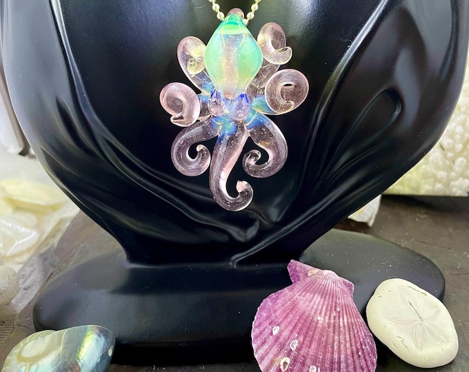 The Pink glow UV  Kraken Collectible Wearable Boro Glass Octopus Necklace / Sculpture Made to Order