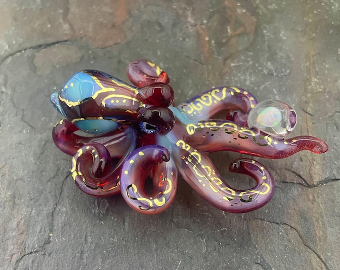 Golden Phoenix Tattoo Kraken Necklace: Boro Glass Octopus Pendant with Opal