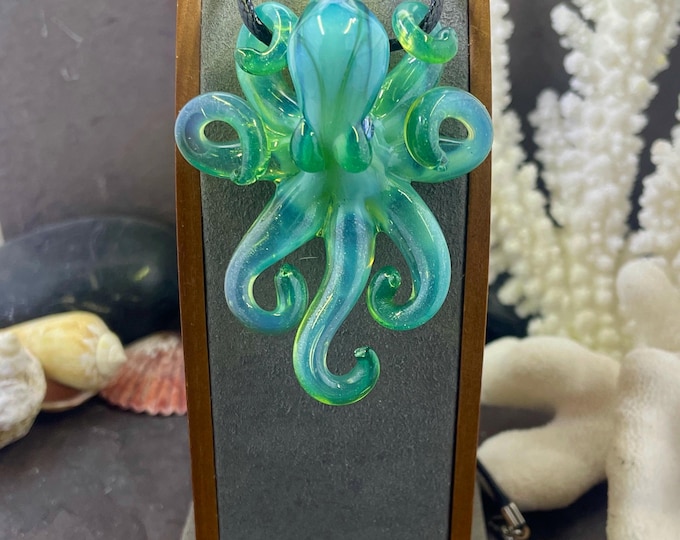 The Green Sparkle Kraken - Collectible, Wearable Boro Glass Octopus Necklace / Sculpture Made to Order