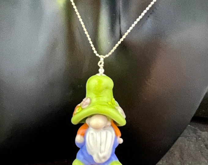 Garden Gnome Green Hat  Glass Lampwork Pendant Necklace