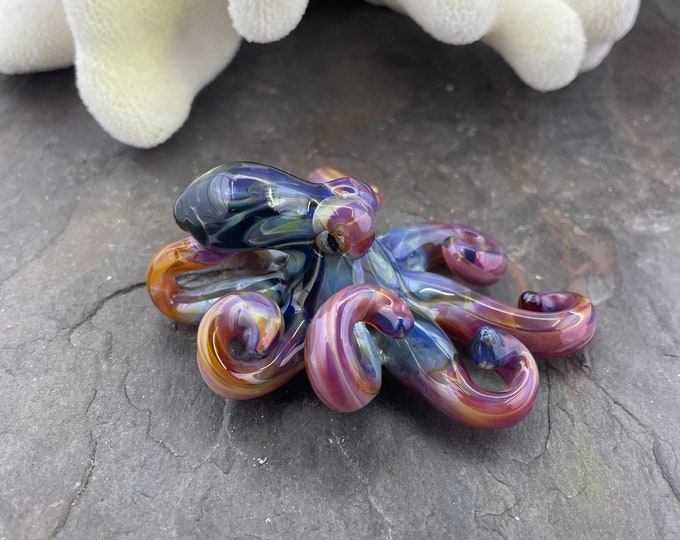 The Purple/Amber Kraken Collectible Wearable Boro Glass Octopus Necklace / Sculpture Made to order